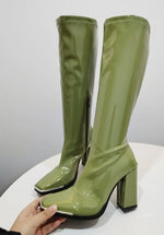 Chelsea Patent Leather Knee High Boots with Metal Tip on Toe