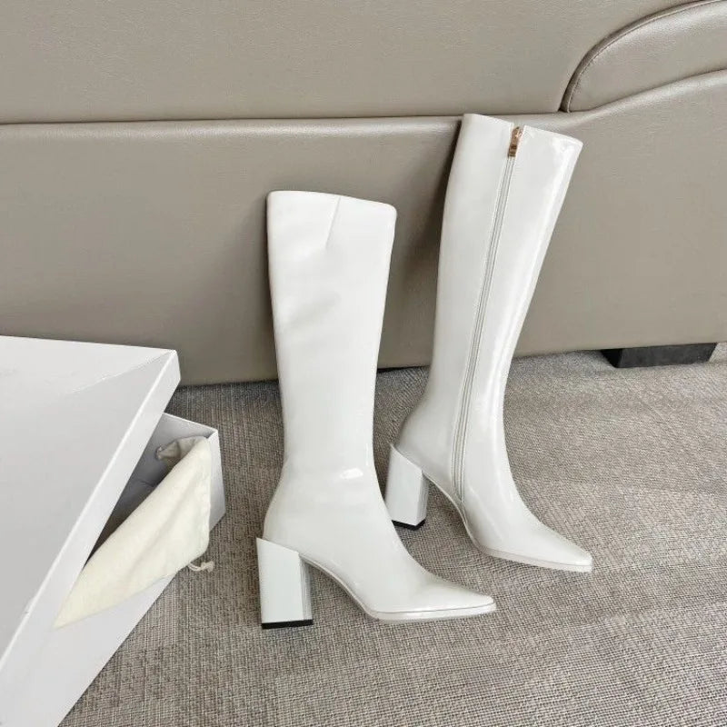 White Knee High PU Boots with Square Toe