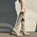 Knee Length Faux Suede Fitted Boots with 3 Inch Square Heel.