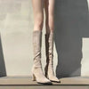 Knee Length Faux Suede Fitted Boots with 3 Inch Square Heel.