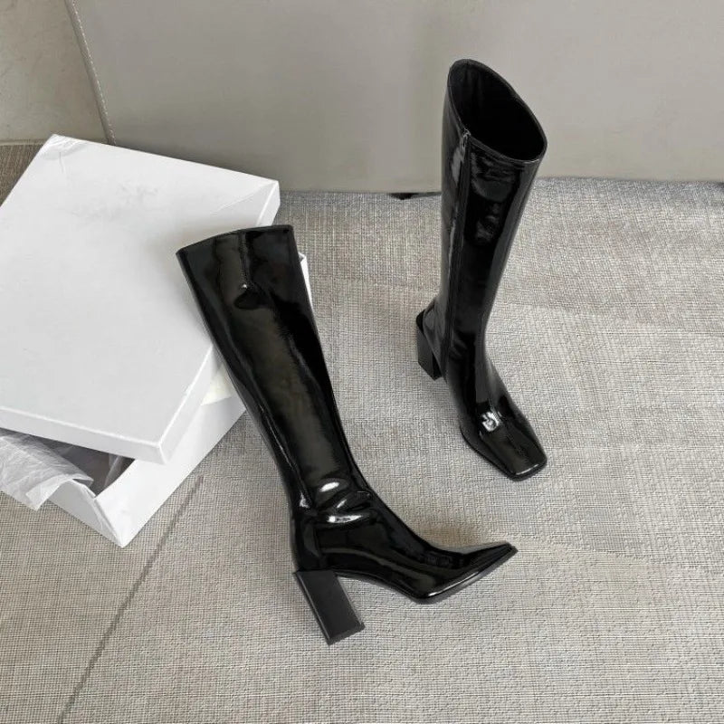 Black Knee High PU Boots with Square Toe