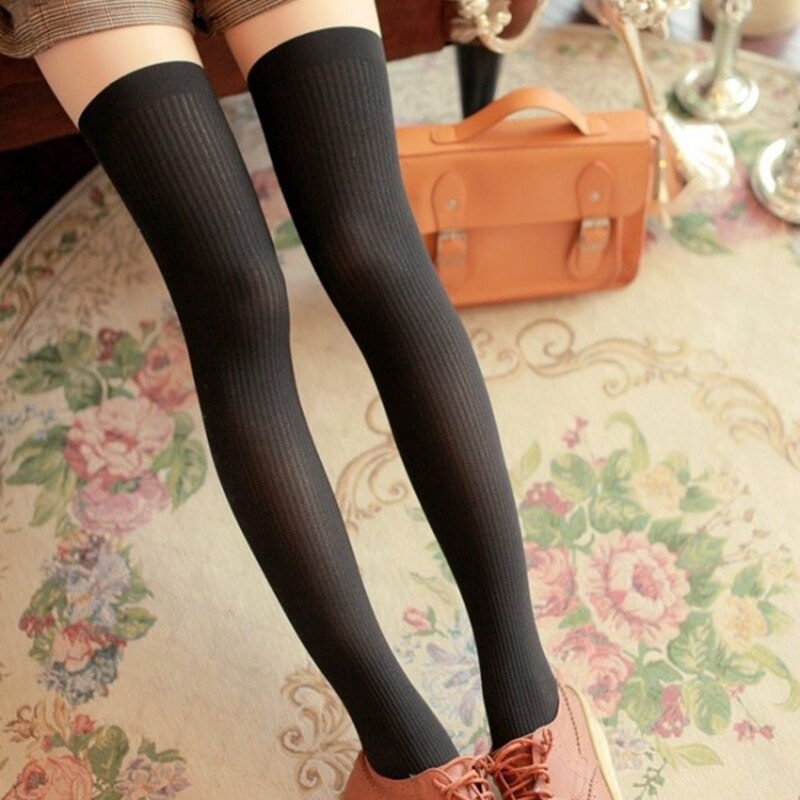 Fake Thigh High Socks - Full Length Pantyhose with Varigated Rib Stocking