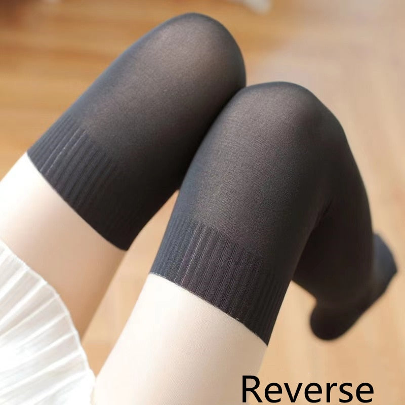 Fake Thigh High Socks - Full Length Pantyhose with Varigated Rib Stocking